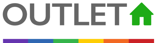 Outlet logo with LGBTQ+ rainbow flag